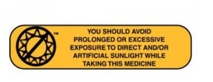 Picture of Pre-Printed Label Apothecary Products® Auxiliary Label Yellow Paper You Should Avoid Prolonged Or Excessive Exposure To Direct And/Or Artificial Sunlight While Taking This Medication Black Safety and Instructional 3/8 X 1-9/16 Inch40351