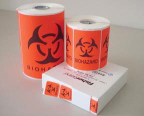 Picture of Pre-Printed Label Fisherbrand™ Warning Label Flourescent Red Paper Biohazard / Symbol Black Biohazard 1 X 1 Inch15926