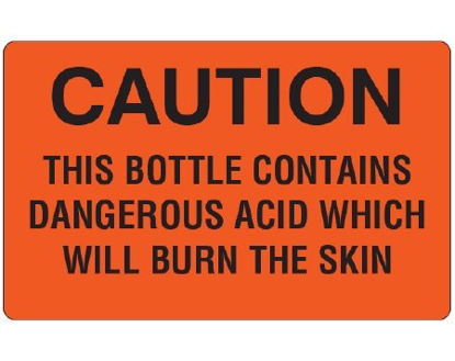 Picture of Pre-Printed Label Shamrock Warning Label Fluorescent Red Caution this bottel contains dagerous acid which will burn the skin Black Biohazard 2-1/2 X 4 InchUPCR-9700