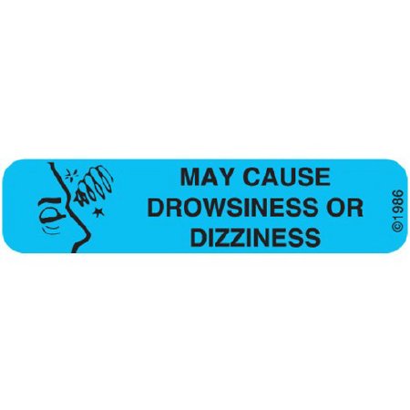 Picture of Pre-Printed Label Auxiliary Label Blue Paper MAY CAUSE DROWSINESS OR DIZZINESS Safety and Instructional 3/8 X 1-9/16 Inch15-W
