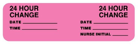 Picture of Pre-Printed Label Conf-id-ent™ Instructional Label Fluorescent Pink Paper 24 HOUR CHANGE/DATE_____/TIME_____/24 HOUR CHANGE/DATE_____/TIME_____/NURSE INITIAL_____ Black Safety and Instructional 7/8 X 3 InchULCM308