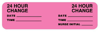 Picture of Pre-Printed Label Conf-id-ent™ Instructional Label Fluorescent Pink Paper 24 HOUR CHANGE/DATE_____/TIME_____/24 HOUR CHANGE/DATE_____/TIME_____/NURSE INITIAL_____ Black Safety and Instructional 7/8 X 3 InchULCM308