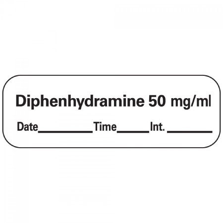 Picture of Drug Label PDC® Anesthesia Label Diphenhydramine 50 mg/mL Date_Time_Int_ White 1/2 x 1-1/2 InchLAN-210D50