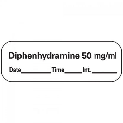 Picture of Drug Label PDC® Anesthesia Label Diphenhydramine 50 mg/mL Date_Time_Int_ White 1/2 x 1-1/2 InchLAN-210D50