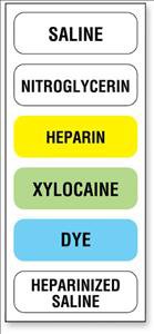 Picture of Drug Label UAL™ Anesthesia Label Saline Nitroglycerin Heparin Xylocaine Dye Heparinazied Saline Muilt Color 1/2 X 1-1/2 InchULAM896