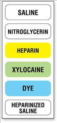 Picture of Drug Label UAL™ Anesthesia Label Saline Nitroglycerin Heparin Xylocaine Dye Heparinazied Saline Muilt Color 1/2 X 1-1/2 InchULAM896