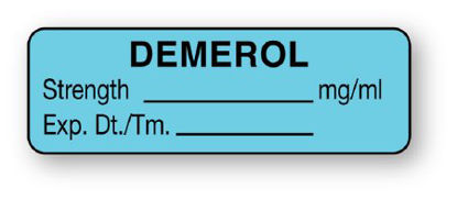 Picture of Drug Label UAL™ Anesthesia Label Demerol Strength_% Exp Dt Tm_ Blue 1/2 X 1-1/2 InchULAL759