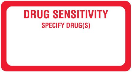 Picture of Pre-Printed Label UAL™ Auxiliary Label Red Paper DRUG SENSITIVITY SPECIFY DRUG(S) Safety and Instructional 1-5/8 X 3 InchULHN302
