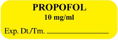 Picture of Drug Label UAL™ Anesthesia Label Propofol 10mg/mL Exp Dt tm_ Yellow 1/2 X 1-1/2 InchULAL01010