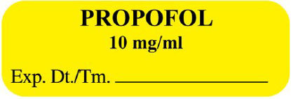 Picture of Drug Label UAL™ Anesthesia Label Propofol 10mg/mL Exp Dt tm_ Yellow 1/2 X 1-1/2 InchULAL01010