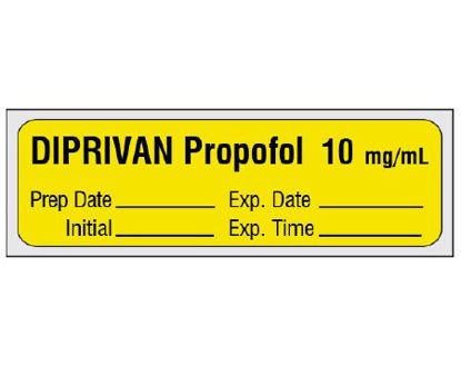 Picture of Drug Label Shamrock Anesthesia Label DIPRIVAN Propofol 10 mg/ml / Prep Date _____ Exp. Date _____ / Initial _____ Exp. Time _____ Yellow 1/2 X 1 InchSA-209-EXP-PRE
