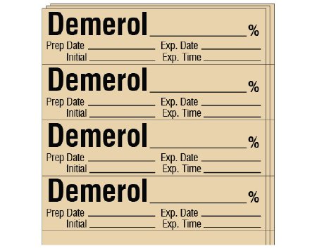 Picture of Drug Label Shamrock Anesthesia Label DEMEROL _____ % / Prep Date _____ Exp. Date _____ / Initial _____ Exp. Time _____ Tan 1/2 X 1 InchSA-24-EXP-PK