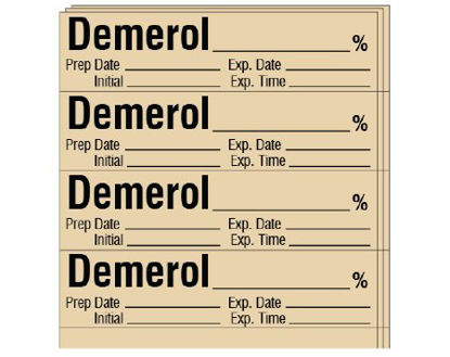 Picture of Drug Label Shamrock Anesthesia Label DEMEROL _____ % / Prep Date _____ Exp. Date _____ / Initial _____ Exp. Time _____ Tan 1/2 X 1 InchSA-24-EXP-PK