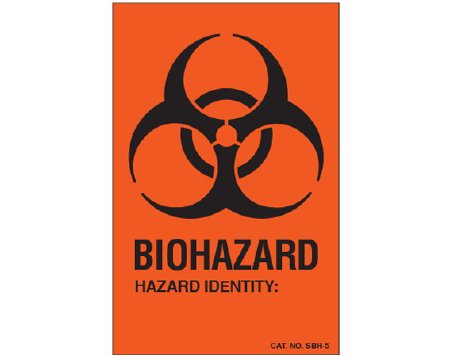Picture of Pre-Printed Label Shamrock Warning Label Red BIOHAZARD / HAZARD IDENTITY: Black Biohazard 3-1/2 X 2-1/4 InchSBH-5