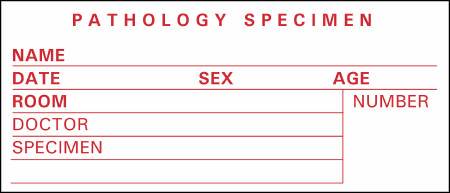 Picture of Pre-Printed Label Timemed Laboratory Use White Pathology Specimen, Name, Date, Sex, Age, Room, Doctor, Speciment, Number Red Lab / Specimen 1-1/2 X 3-1/2 InchSP-4