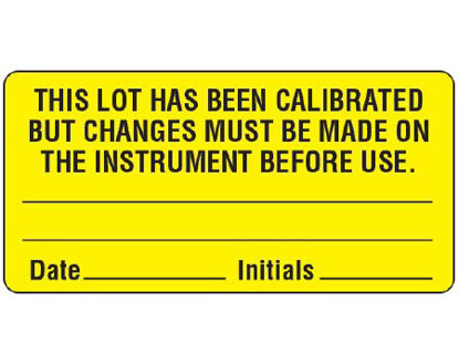 Picture of Pre-Printed Label Shamrock Instructional Label Orange THIS LOT HAS BEEN CALIBRATED / BUT CHANGES MUST BE MADE ON / THE INSTRUMENT BEFORE USE. / _____ … Black Quality Control Label 1-1/2 X 3 InchLL-144-A