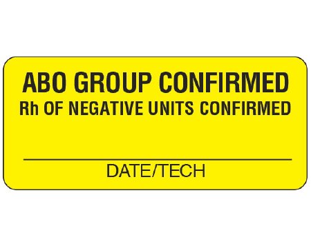 Picture of Pre-Printed Label Shamrock Laboratory Use Yellow Matte Coldstick ABO GROUP CONFIRMED / Rh OF NEGATIVE UNITS CONFIRMED / _____ / DATE/TECH Black Lab / Specimen 1 X 2-1/4 InchUPCR-6106