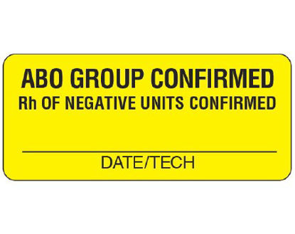 Picture of Pre-Printed Label Shamrock Laboratory Use Yellow Matte Coldstick ABO GROUP CONFIRMED / Rh OF NEGATIVE UNITS CONFIRMED / _____ / DATE/TECH Black Lab / Specimen 1 X 2-1/4 InchUPCR-6106