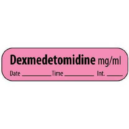 Picture of Drug Label MedVision® Anesthesia Label Dexmedetomidine mg/mL Date_Time_Int Fluorescent Pink 3/8 X 1-7/16 InchMV02FP6494