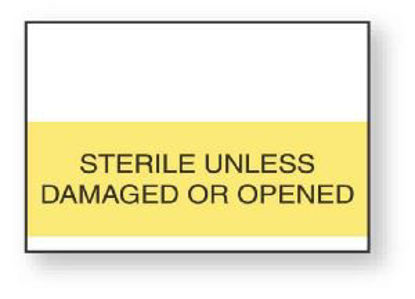 Picture of Pre-Printed Label Instructional Label Yellow Paper Sterile Unless Damaged Or Opened Black Safety and Instructional 15-16 X 5/8 InchULCS408