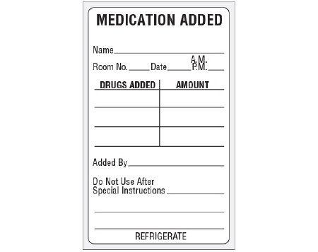 Picture of Pre-Printed Label Shamrock Communication Fill In White Litho Paper MEDICATION ADDED / NAME____ / ROOM NO.__ DATE__ AM PM__ / DRUGS ADDED AMOUNT / ADDED BY ____ / DO NOT USE AFTER ____ / SPECIAL INSTRUCTIONS ____ / REFRIGERATE Black Medication Name 2-1/2 X 4 InchSMA-2124