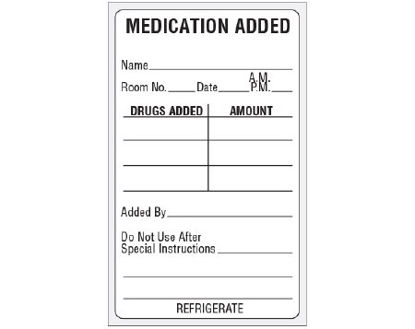 Picture of Pre-Printed Label Shamrock Communication Fill In White Litho Paper MEDICATION ADDED / NAME____ / ROOM NO.__ DATE__ AM PM__ / DRUGS ADDED AMOUNT / ADDED BY ____ / DO NOT USE AFTER ____ / SPECIAL INSTRUCTIONS ____ / REFRIGERATE Black Medication Name 2-1/2 X 4 InchSMA-2124