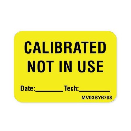 Picture of Pre-Printed Label MedVision® Advisory Label Yellow Paper Calibrated Not In Use Black Alert Label 1 X 1-7/16 InchMV03SY6798