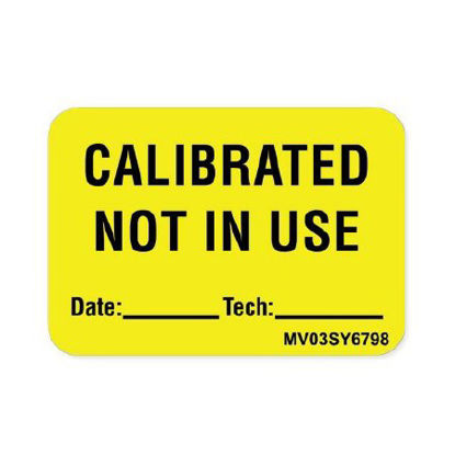 Picture of Pre-Printed Label MedVision® Advisory Label Yellow Paper Calibrated Not In Use Black Alert Label 1 X 1-7/16 InchMV03SY6798