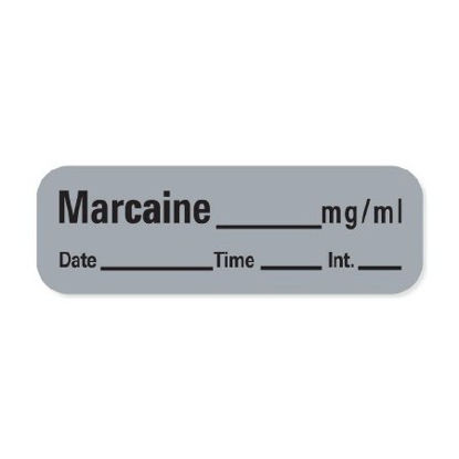 Picture of Drug Label PDC® Anesthesia Label Marcaine_mg/mL Date_Time_Int Gray 1/2 X 1-1/2 InchLAN64