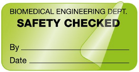 Picture of Pre-Printed Label Safety Data Green Paper Biomedical Engineering Dept / Safety Checked / By_______ Date_______ Caution 1 X 2 InchULBE141