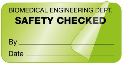 Picture of Pre-Printed Label Safety Data Green Paper Biomedical Engineering Dept / Safety Checked / By_______ Date_______ Caution 1 X 2 InchULBE141