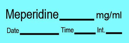 Picture of Drug Label Timemed Anesthesia Label Tape Meperidine_mg/mL Date_Time_Int Blue 1/2 X 1-1/2 InchAN-12