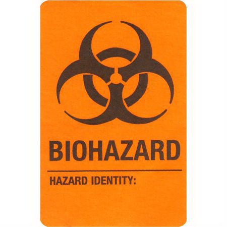 Picture of Pre-Printed Label Warning Label Red Adhesive Biohazard / Symbol Black Biohazard 1-3/4 X 2-3/4 Inch6463