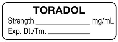 Picture of Drug Label UAL™ Anesthesia Label Toradol Strength_mg/mL Exp Dt tm_ White 1/2 X 1-1/2 InchULAL12006
