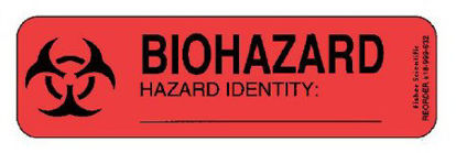 Picture of Pre-Printed Label Fisherbrand™ Warning Label Red Paper BIOHAZARD HAZARD IDENTITY Black Biohazard 0.87 X 3 Inch18999932
