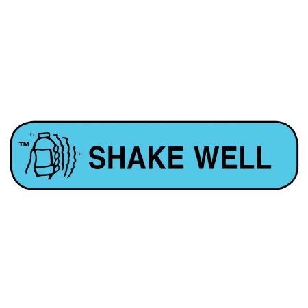 Picture of Pre-Printed Label Apothecary Products® Auxiliary Label Blue Paper SHAKE WELL Black Safety and Instructional 3/8 X 1-9/16 Inch40110