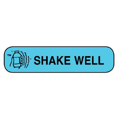 Picture of Pre-Printed Label Apothecary Products® Auxiliary Label Blue Paper SHAKE WELL Black Safety and Instructional 3/8 X 1-9/16 Inch40110
