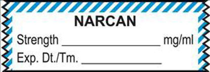 Picture of Drug Label UAL™ Anesthesia Label Tape Narcan Strength_mg/mL Exp Dt Tm_ Blue / White 1/2 X 1-1/2 InchULTA025