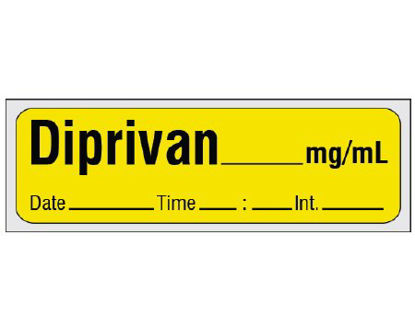 Picture of Drug Label Shamrock Anesthesia Label Diprivan _mg/mL Date_Time_Int_ Yellow 1/2 X 1 InchSA-206-DTI-PRE