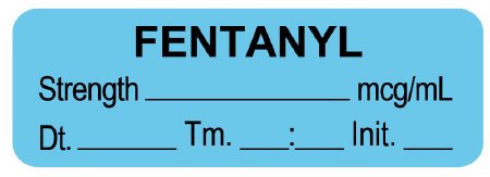 Picture of Drug Label UAL™ Anesthesia Label Fentanyl Strength_mcg/mL Dt_Tm_Init_ Light Blue 1/2 X 1-1/2 InchULAL067-D