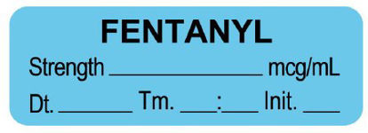 Picture of Drug Label UAL™ Anesthesia Label Fentanyl Strength_mcg/mL Dt_Tm_Init_ Light Blue 1/2 X 1-1/2 InchULAL067-D