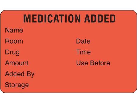 Picture of Pre-Printed Label Shamrock Anesthesia Label Fluorescent Red MEDICATION ADDED / NAME / ROOM DATE / DRUG TIME / AMOUNT USE BEFORE /ADDED BY / STORAGE Black Medication Instruction 1-1/2 X 2-1/2 InchSMA-12