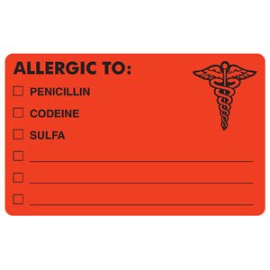 Picture of Pre-Printed Label Allergy Alert Red Allergic To: / Penicillin / Codeine / Sulfa / _________ / _________/ _________ Black Alert Label 2-1/2 X 4 InchMAP488