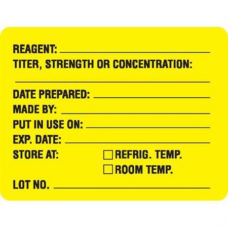 Picture of Pre-Printed Label Anesthesia Label Yellow Paper REAGENT: _____ / TITER, STRENGTH OR CONCENTRATION: __________ / DATE PREPARED: ________ / MADE BY: ___________ / PUT IN USE ON: _________ / EXAP.DATE: _________/ STORE AT: REFRIG.TEMP., ROOM TEMP. / LOT NO: ______ Black Quality Control Label 2 X 2-31/50 Inch8040