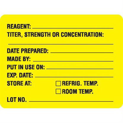 Picture of Pre-Printed Label Anesthesia Label Yellow Paper REAGENT: _____ / TITER, STRENGTH OR CONCENTRATION: __________ / DATE PREPARED: ________ / MADE BY: ___________ / PUT IN USE ON: _________ / EXAP.DATE: _________/ STORE AT: REFRIG.TEMP., ROOM TEMP. / LOT NO: ______ Black Quality Control Label 2 X 2-31/50 Inch8040