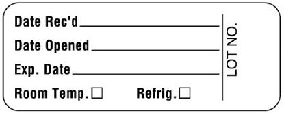 Picture of Pre-Printed / Write On Label Communication Fill In White Paper Date Rec'd___________Date Opened___________Exp. Date___________Room Temp. Refrig. Lot No. Quality Control Label 7/8 X 2-1/4 InchULLR126
