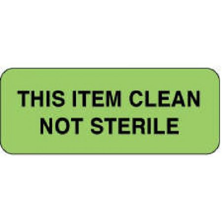 Picture of Pre-Printed Label PDC® Advisory Label Green Paper THIS ITEM CLEAN/NOT STERILE Black Alert Label 7/8 X 2-1/4 Inch59705728