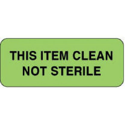 Picture of Pre-Printed Label PDC® Advisory Label Green Paper THIS ITEM CLEAN/NOT STERILE Black Alert Label 7/8 X 2-1/4 Inch59705728