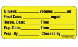 Picture of Drug Label MedVision® Anesthesia Label Diluent: _Volume:_mL Final Conc:_mg/Ml Yellow 1 X 2-1/4 InchMV04SY1553