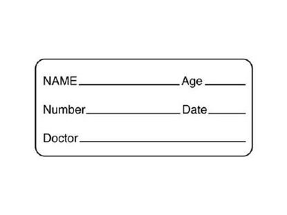 Picture of Pre-Printed / Write On Label Communication Fill In White NAME _____ Age _____ / Number _____ Date _____ / Doctor _____ Black Patient Information 1 X 2-1/4 InchUPCR-6052